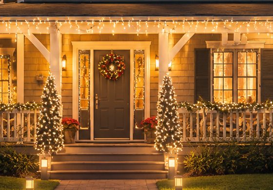 Front porch with a lit wreath, garland and lit topiary trees