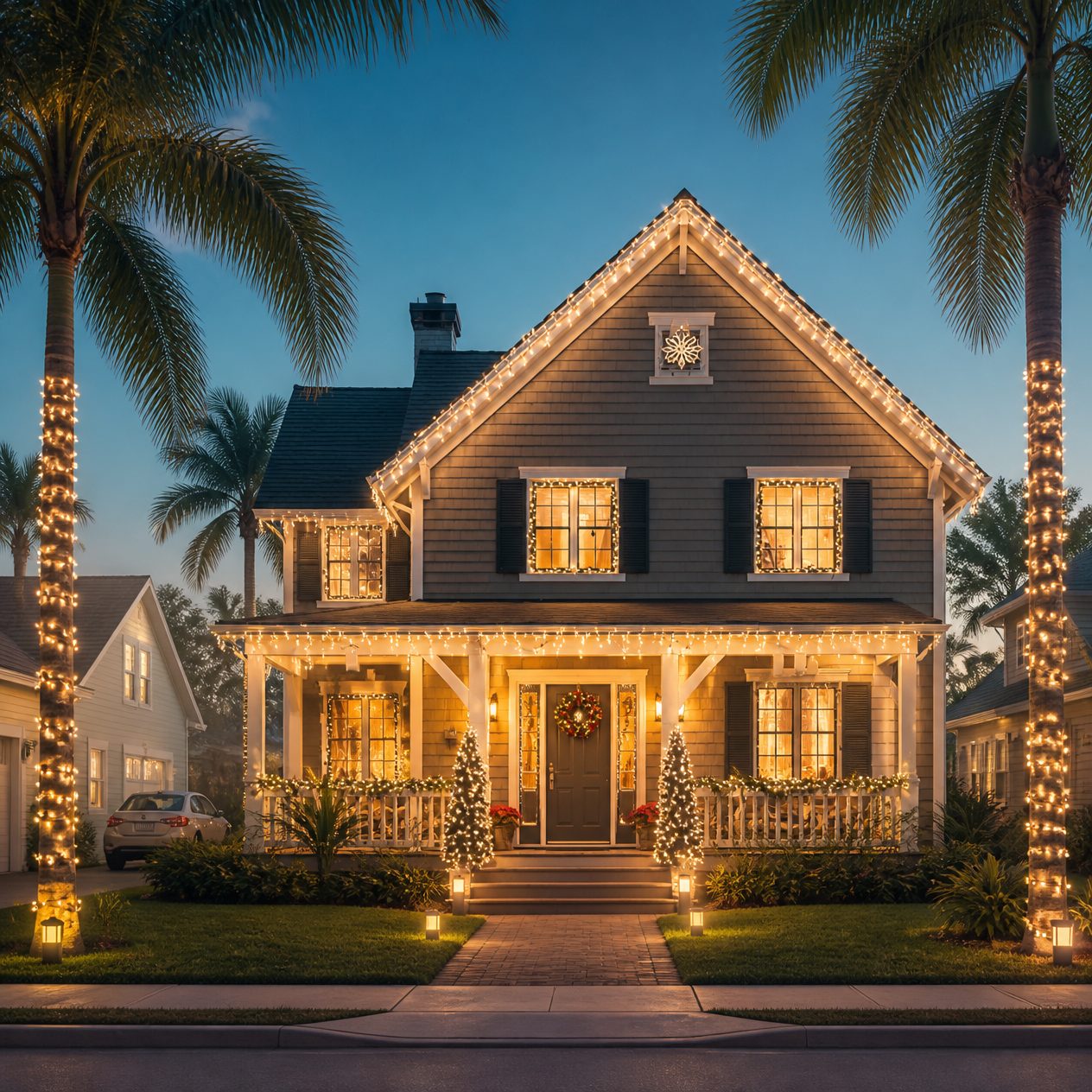 Two-story Florida home at dusk with warm white Christmas lights on the roofline, wrapped palm trees and a lit front porch