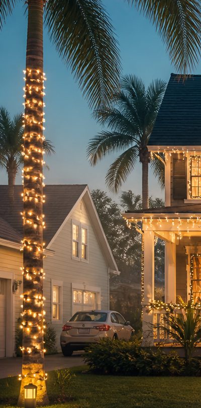 Palm tree trunk spiral-wrapped in warm white Christmas lights