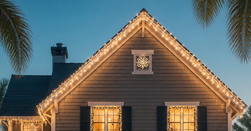 Roofline peak outlined in warm white C9 Christmas lights