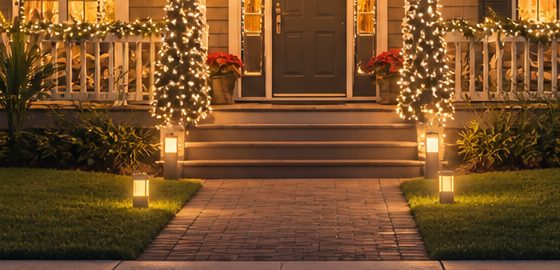 Brick walkway lined with glowing Christmas path lights